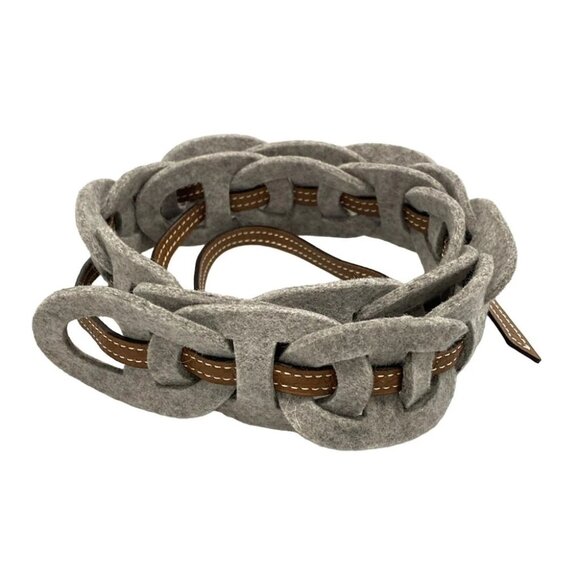 Auth HERMES Chaine D'ancre - Light gray Dark Brown Felt Leather Square P Belt - Picture 1 of 5